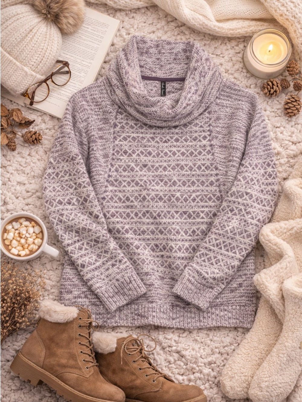 North River Cowl Neck Sweater Purple Fair Isle Cozy Knit Medium